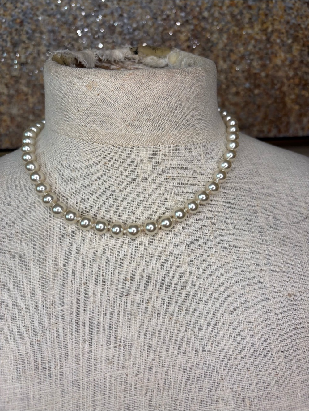 Vintage Faux Pearl Choker Necklace Hand Knotted Gold Tone Clasp Classic